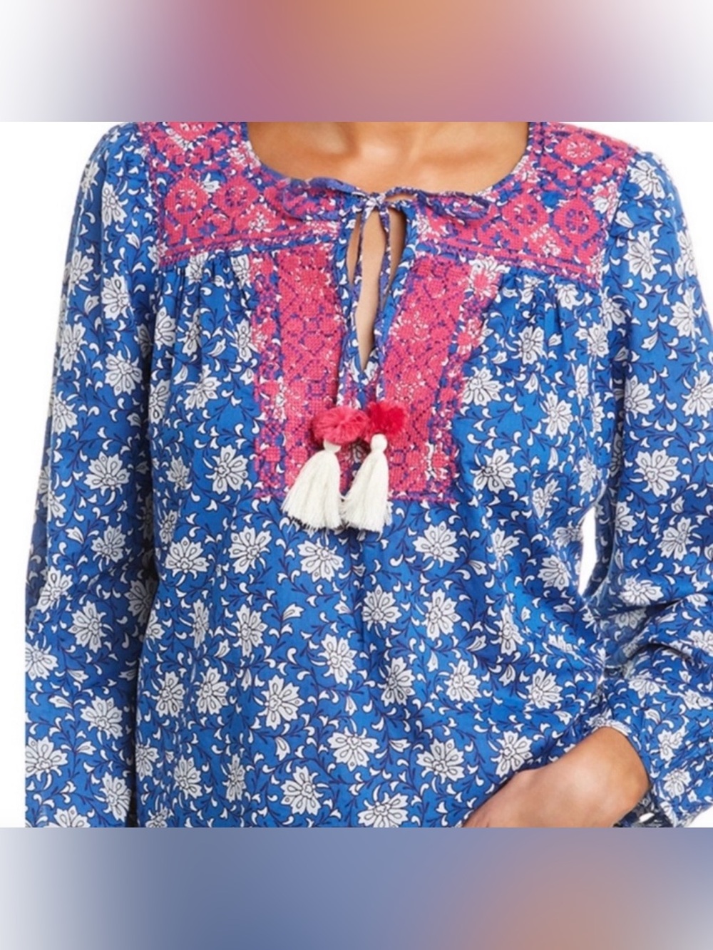 J.Crew Re-Imagined Blue Floral Embroidered Tassel Peasant Blouse Top Small
